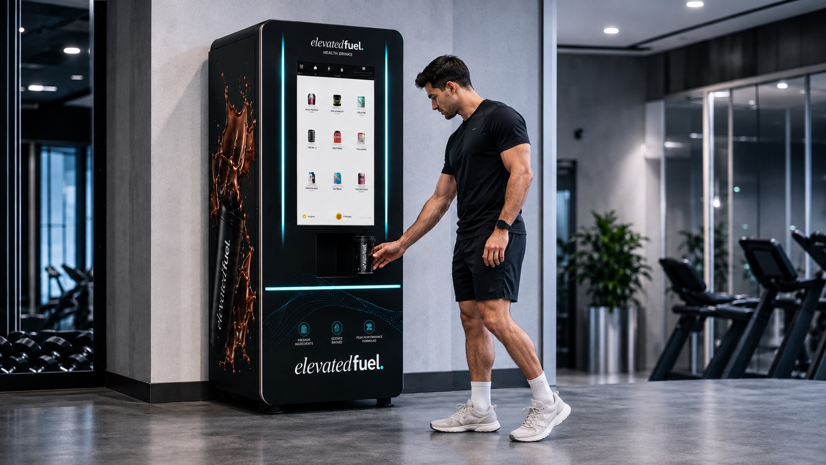 Elevated Fuel machine serving a customer in a fitness facility
